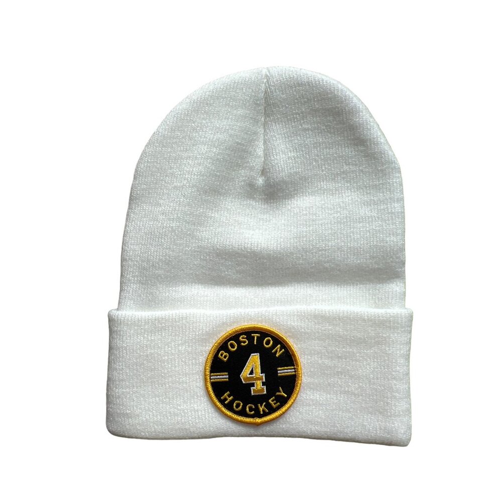 Beechfield Boston Hockey Beanie Hat Unisex OS White Acrylic 4 Circle Patch Knit
